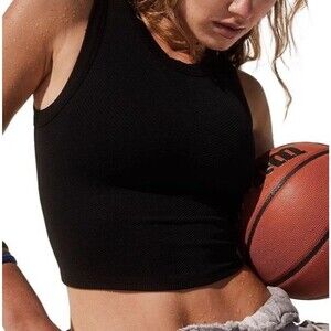 Free People Size M/L Free Throw Textured Crop Muscle Tank Top Black